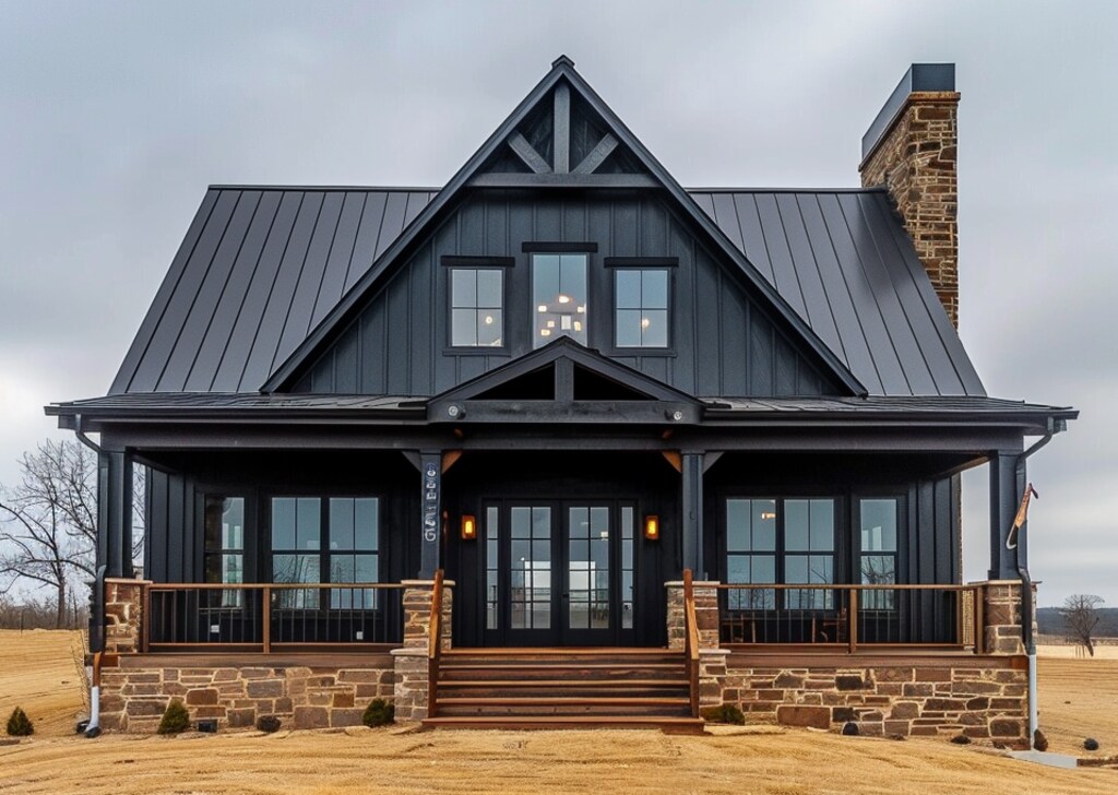 An elegant black barndominium with a concrete and timber porch