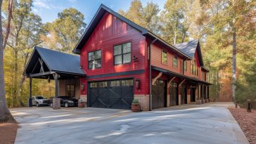 A luxurious 3-story pole barn with a car port housing 2 vehicles