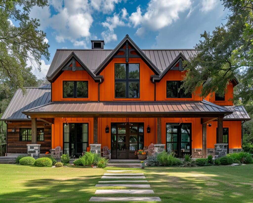 A captivating two-story orange barndominium in a lush green background with trees